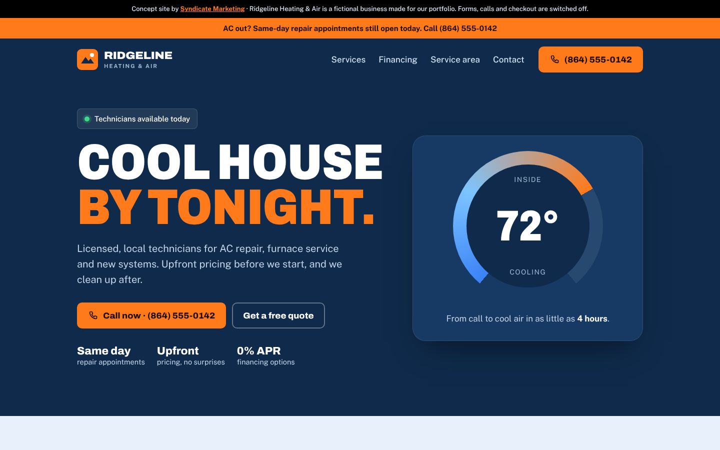 Ridgeline Heating & Air concept website on desktop